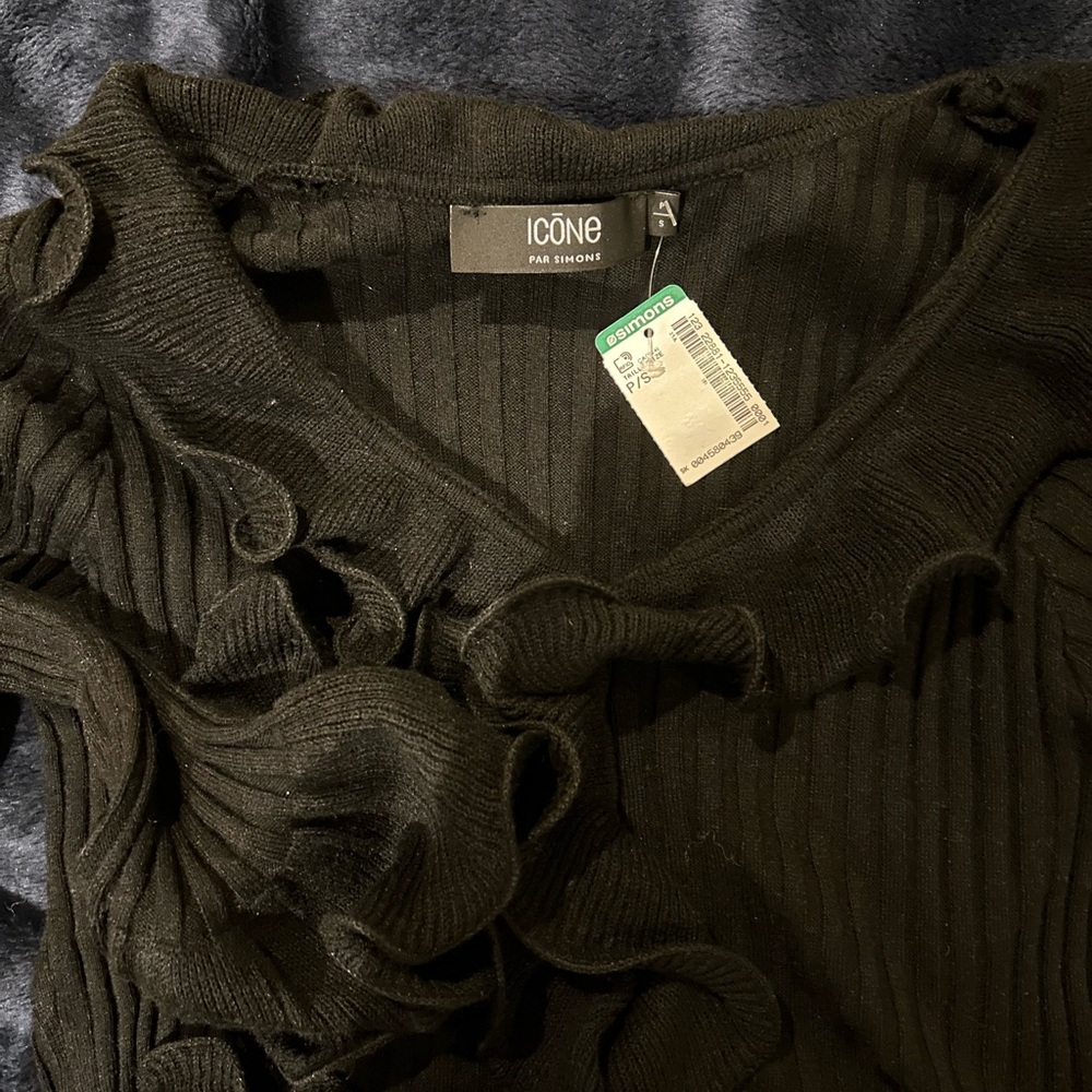 Simons Black Ruffle-Trim Ribbed Top - Picture 5 of 5